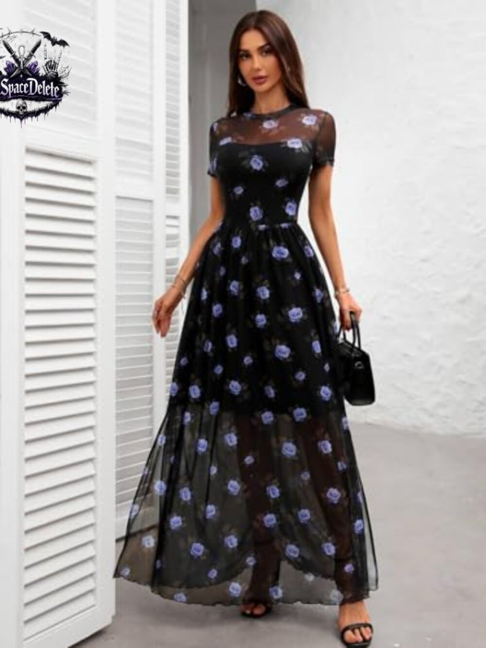 Mesh Maxi Dress with High Slit, Floral Print, Short Sleeve, High Waist - Picture 2 of 7